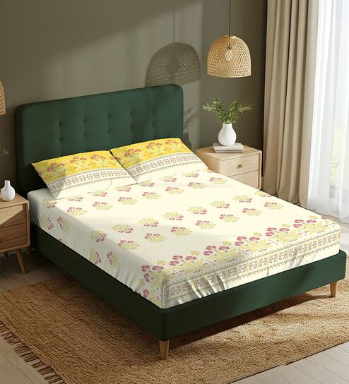 Yellow Floral 200 TC Cotton King Sized Bedsheet with 2 Pillow Covers