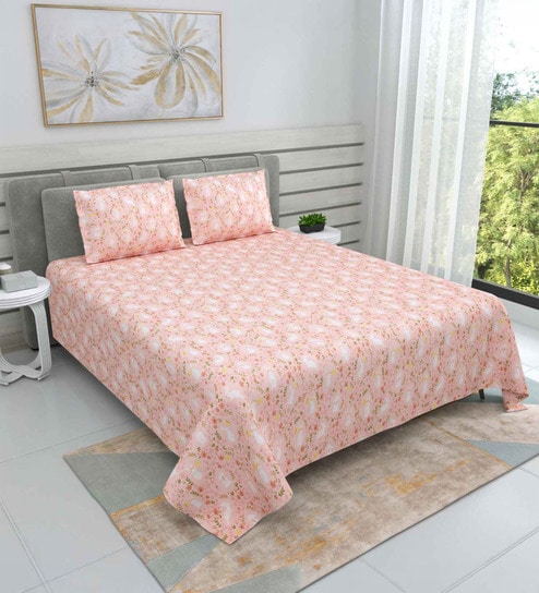 Pink Floral 220 Tc Cotton Super King Bedsheet With 2 Pillow Covers