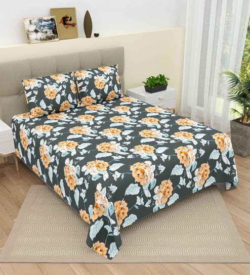 Blue Floral 220 Tc Cotton Super King Bedsheet With 2 Pillow Covers