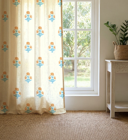 Yellow Cotton Floral 8 Ft Eyelet Door Curtains (Set Of 2)