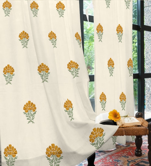 Yellow Cotton Floral 8 Ft Eyelet Door Curtains (Set Of 2)