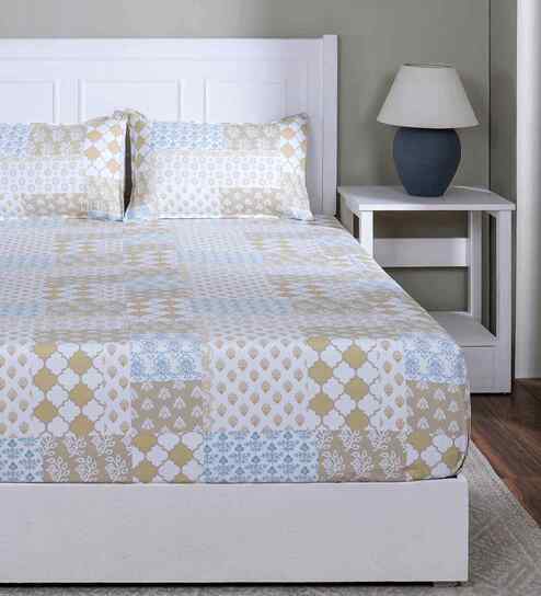 Yellow Floral Print 144 TC Cotton Single Bed Fitted Sheet with 1 Pillow Cover Sensory Bloom Collection