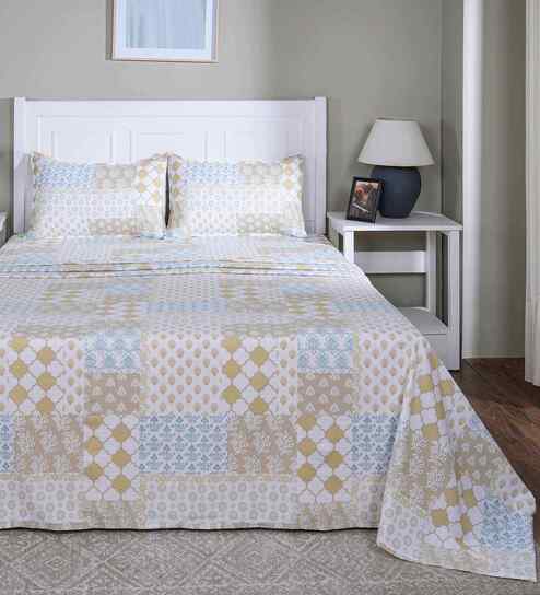 Yellow Floral Print 144 TC Cotton Single Bed Sheet with 1 Pillow Cover Sensory Bloom Collection