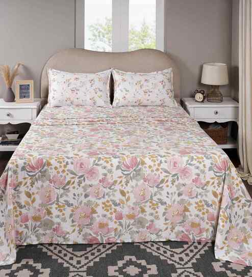 Yellow Floral Print 300 TC Cotton King Size Bed Sheet with 2 Pillow Covers Sensory Bloom Collection