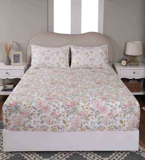 Yellow Floral Print 300 TC Cotton Single Bed Fitted Sheet with 1 Pillow Cover Sensory Bloom Collection