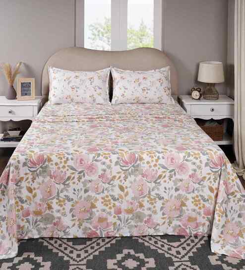 Yellow Floral Print 300 TC Cotton Single Bed Sheet with 1 Pillow Cover Sensory Bloom Collection