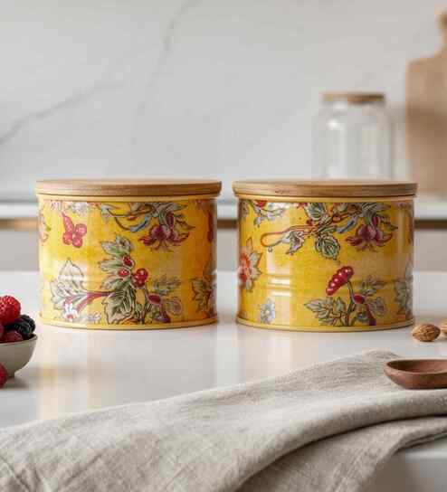 vareesha Yellow Floral Printed Metal Airtight Containers Set Of 2-picture-2