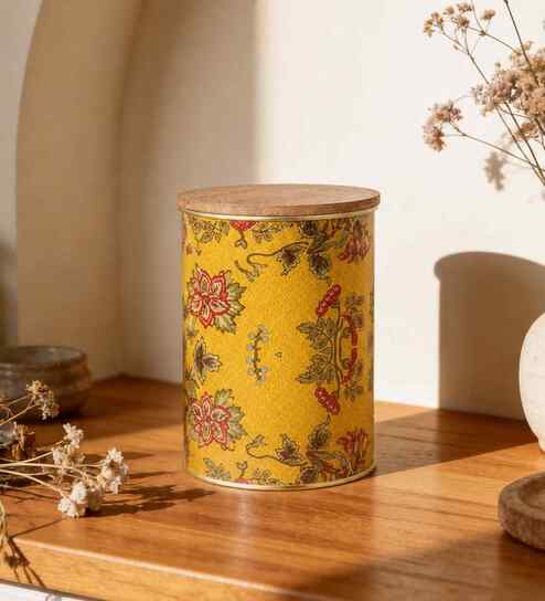 vareesha Yellow Floral Printed Metal Airtight Storage Container With Wooden Lid-picture-43