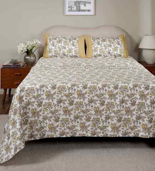 Yellow Fruit Print 200 TC Cotton Double Bed Sheet with 2 Pillow Covers Sensory Bloom Collection