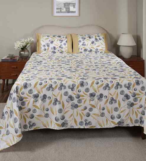 Yellow Fruit Print 200 TC Cotton King Size Bed Sheet with 2 Pillow Covers Sensory Bloom Collection