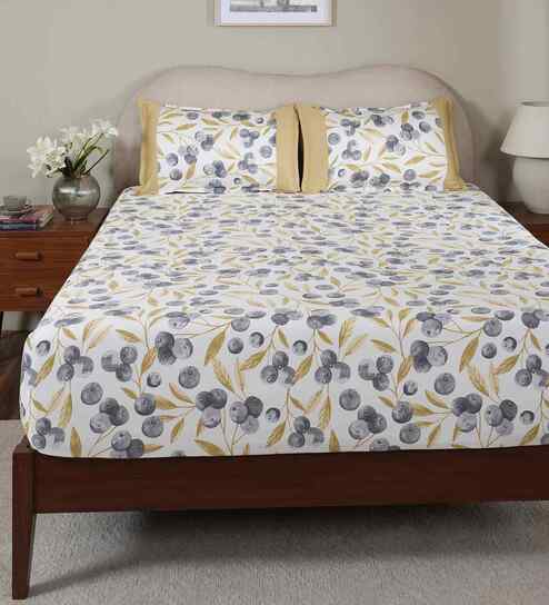 Yellow Fruit Print 200 TC Cotton Single Bed Fitted Sheet with 1 Pillow Cover Sensory Bloom Collection