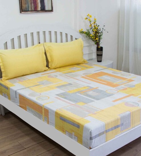 Yellow Geometric 144 TC Cotton Queen Sized Bed Sheets with 2 Pillow Covers by GM Fabrics
