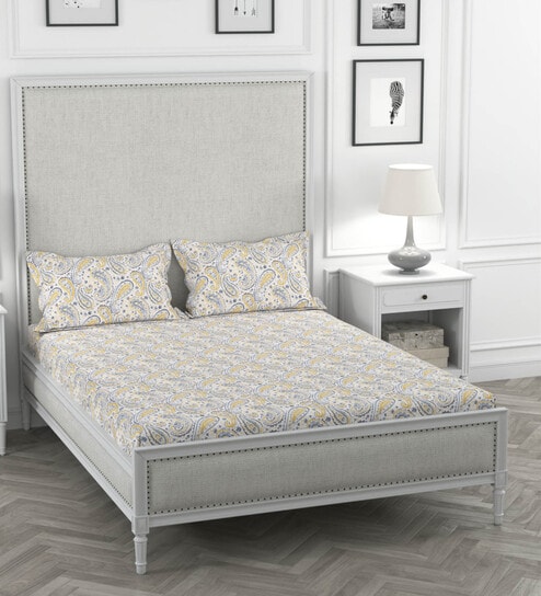 Yellow Geometric 200 TC 100% Cotton King Sized Bedsheet With 2 Pillow Covers Solana Collection