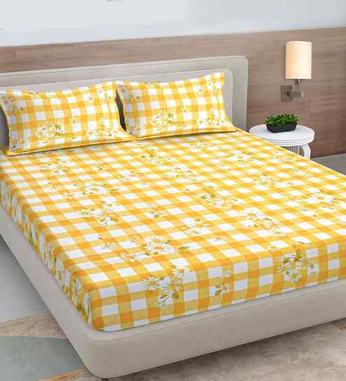 Yellow Geometric 300 TC Cotton Blend King Size Double Bedsheet with 2 Pillow Covers