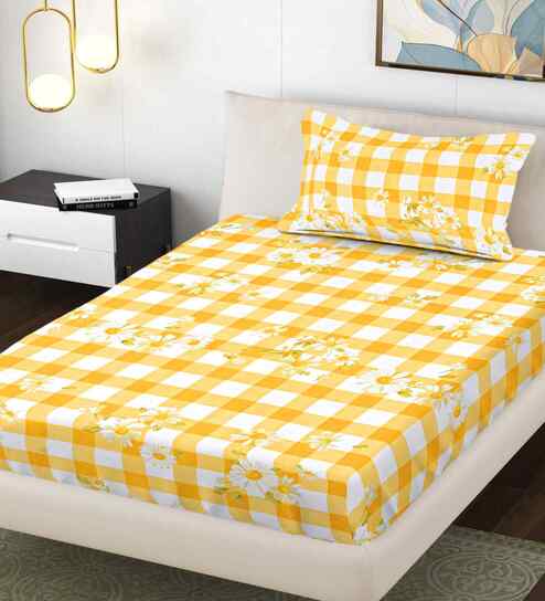 Yellow Geometric 300 TC Cotton Blend Single Bedsheet with 1 Pillow Cover