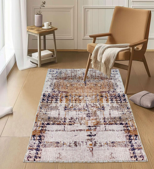 Yellow Abstractal Microfiber 3 x 5 Feet Machine Made Carpet