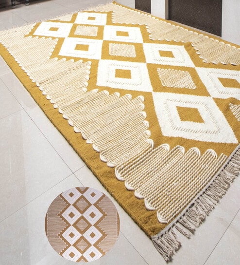 Yellow Geometrical Wool 8X5 Feet Hand Woven Carpet