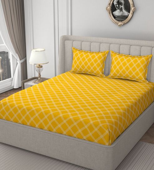 Yellow Glace Cotton Geometric Print Elastic Fitted King Bedsheet With 2 Pillow Covers