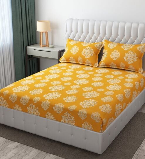 Yellow Glace Cotton Polka Print Elastic Fitted King Bedsheet With 2 Pillow Covers