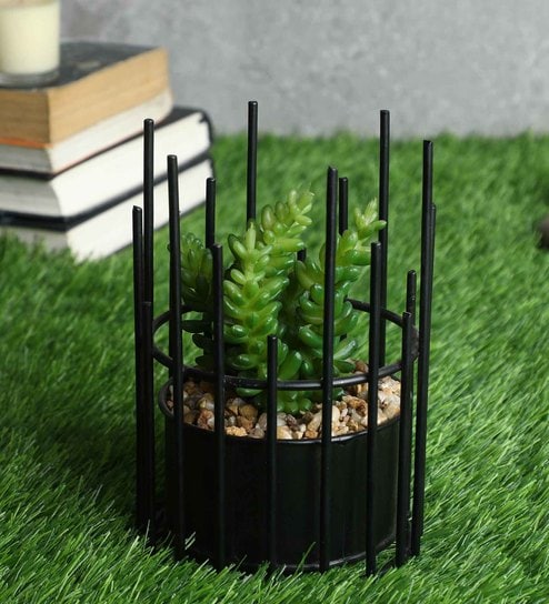 Yellow Green Polyester Metallic Artificial Bonsai With Black Pot