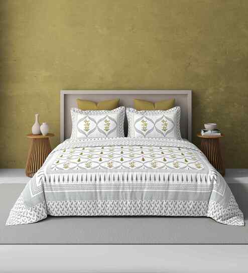Yellow Jaipuri Blockprint 250 TC Pure Cotton King Sized Double Bedsheet with 2 Pillow Covers