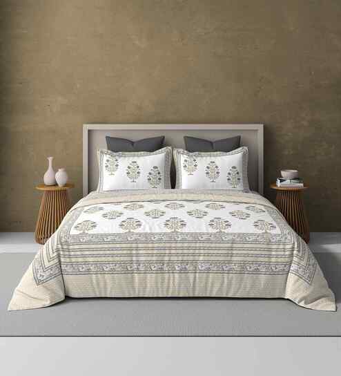 Yellow Jaipuri Blockprint 250 TC Pure Cotton King Sized Double Bedsheet with 2 Pillow Covers