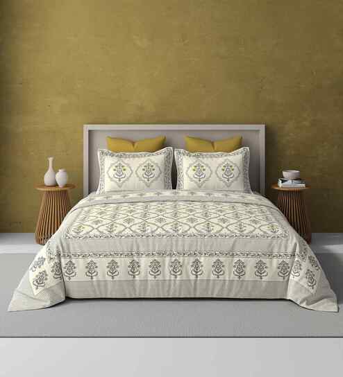 Yellow Jaipuri Blockprint 250 TC Pure Cotton King Sized Double Bedsheet with 2 Pillow Covers