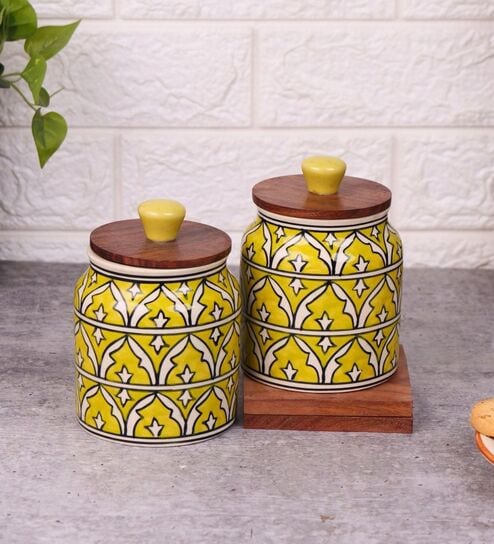 Yellow Jodhpuri Hand Painted Ceramic Jar with Wooden Lid Set of 2
