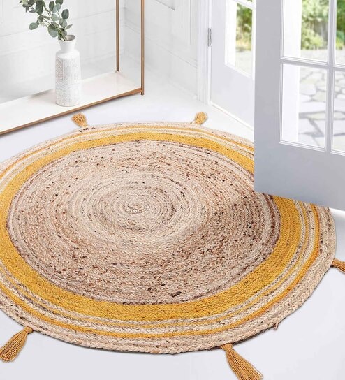 Yellow Jute  3 Feet Round Carpet with Pompoms
