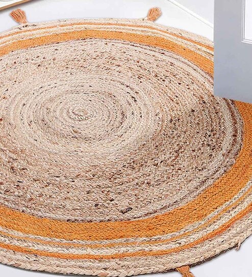 Yellow Jute  3 Feet Round Carpet with Pompoms