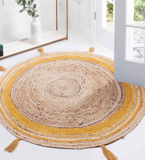 Yellow Jute 4 Feet Round Carpet with Pompoms