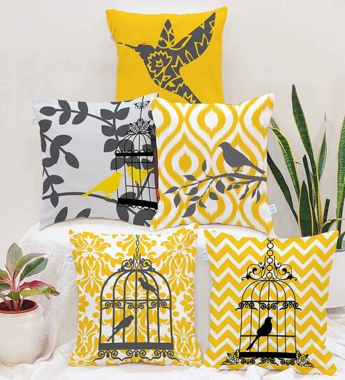 Yellow Jute Abstract 16x16 inches Cushion Covers (Pack of 5)
