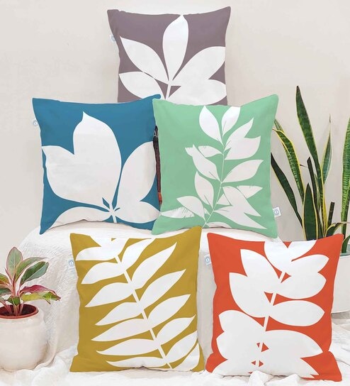 Multicolor Leaf Printed Jute 16x16 inches Cushion Covers (Pack of 5)