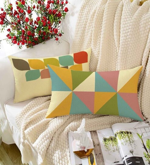 Yellow Polycotton Abstract 12x18 inches Cushion Covers (Pack of 2) by STITCHNEST