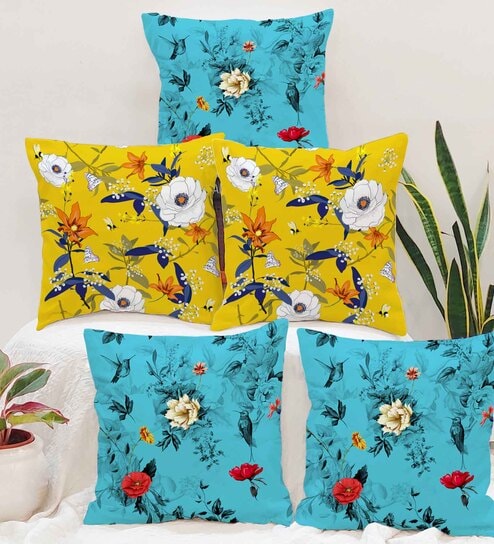 Yellow Polycotton Floral 16x16 inches Cushion Covers (Pack of 5)