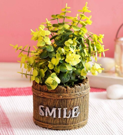 Yellow Polyester Artificial Jade Bonsai Plant With Brown Resin Pot