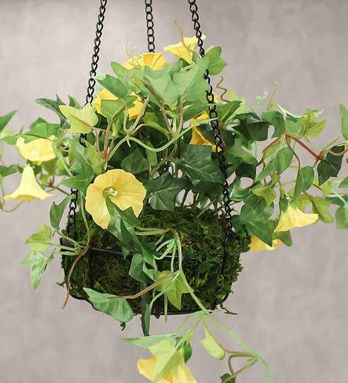 Yellow Polyester Artificial Morning Glory Hanging Creeper Plant with Hanging Metal Stand