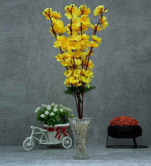 Yellow Polyester Artificial Peach Blossom Flower Bunch  Without Pot