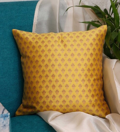 Yellow Traditional Polyester Blend 16 x 16 Inches Cushion Cover