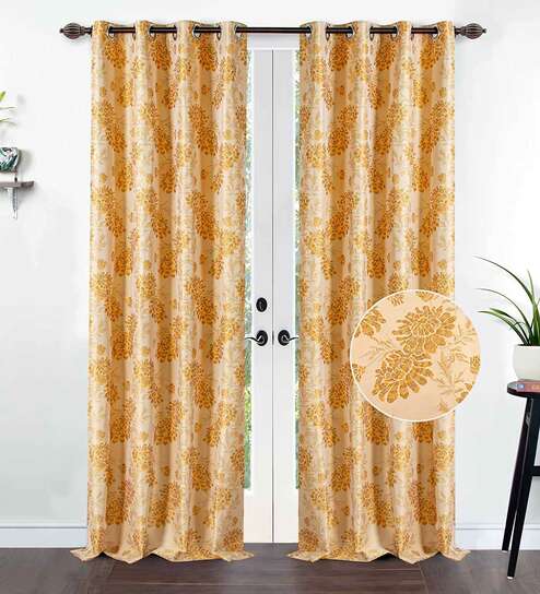 Yellow Floral Polyester 8 Ft Blackout Eyelet Door Curtains (Set of 2) by Deco Window
