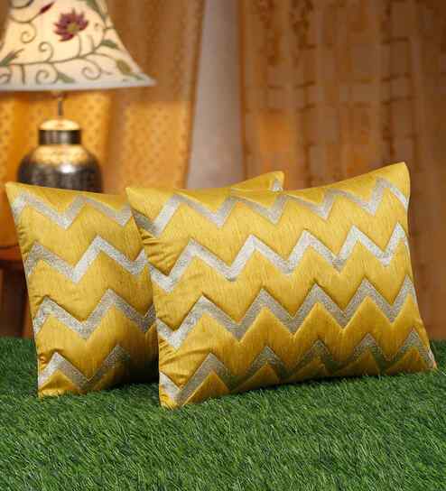 Yellow Polyester Geometric 12X18 Inches Cushion Covers (2Pcs)