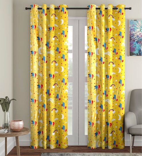 Buy Yellow Polyester Glow In Dark Room Kids Curtain Set Of 2 By
