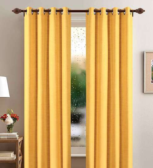 Yellow Polyester Solid 9 Ft Blackout Eyelet 2 Door Curtains By Deco Window