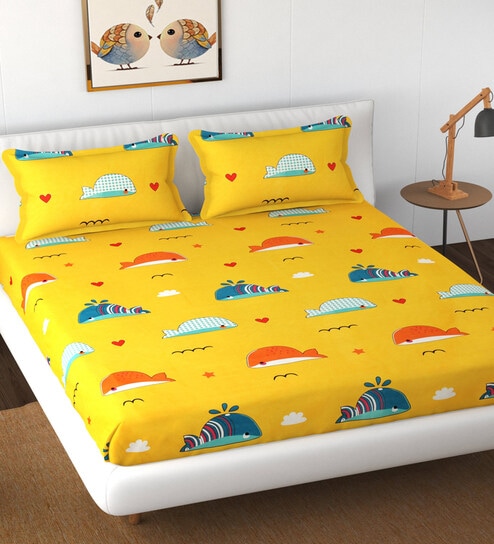 Yellow Printed 160 TC Poly Cotton King Size Fitted Bedsheet With 2 Pillow Covers