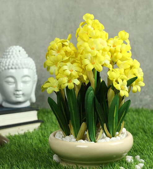 Yellow Pvc Hyacinth Artificial Bonsai With Off- White Ceramic Pot