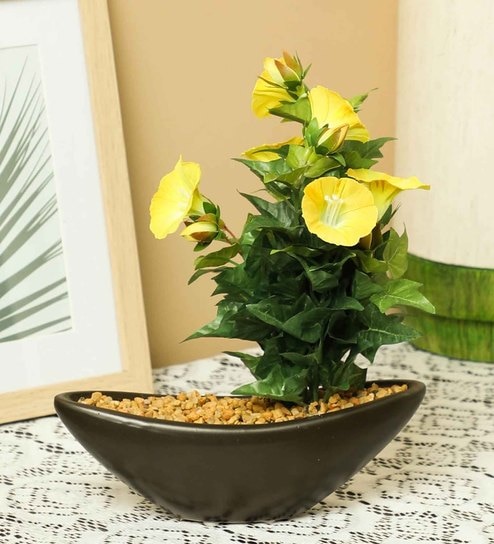 Yellow Pvc Morning Glory Artificial Bonsai With Brown Ceramic Pot
