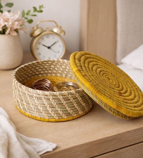 srjana Yellow Sabai Grass Round Basket-picture-45