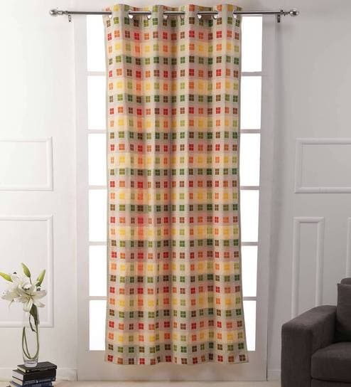 Yellow Cotton Geometric 7ft Light Filtering Eyelet 1 Pc Door Curtain by Soumya