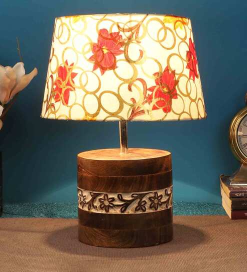 Volga Multicolour Fabric Shade Table Lamp With Mango wood Base