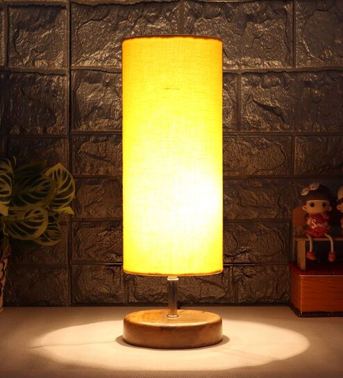 Catania Yellow Cottan Fabric Shade Table Lamp With Wood Base by New Era